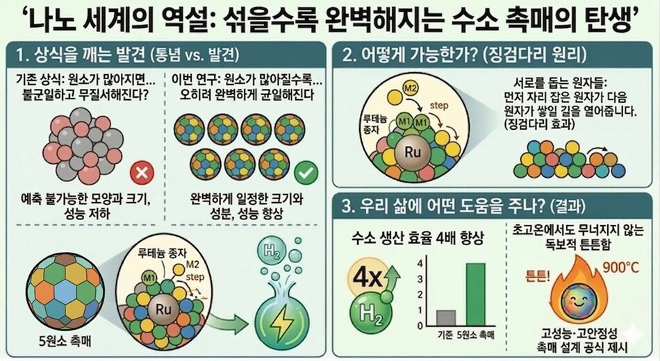 쟁적 반응성을 이용한 다성분 나노입자 형성과 수소 촉매 응용 개념도. KAIST