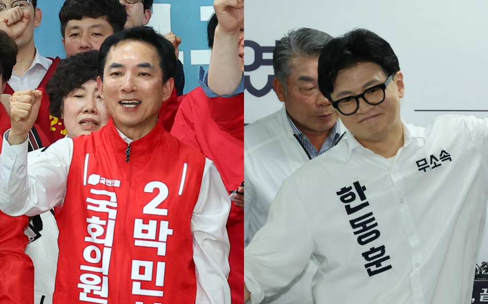 부산 북갑 재보궐선거에 출마한 박민식 국민의힘 후보와 한동훈 무소속 후보. 연합뉴스