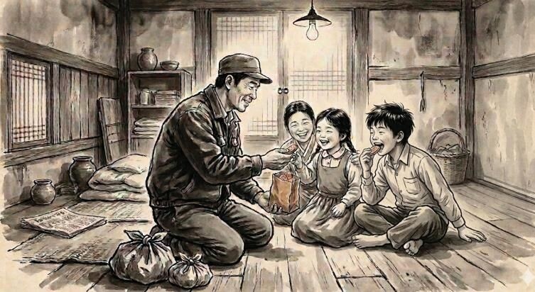 공장에서 받은 건빵을 먹지 않고 자식에게 가져다준 아버지의 모습을 재현했다. 경북개발공사 제공.