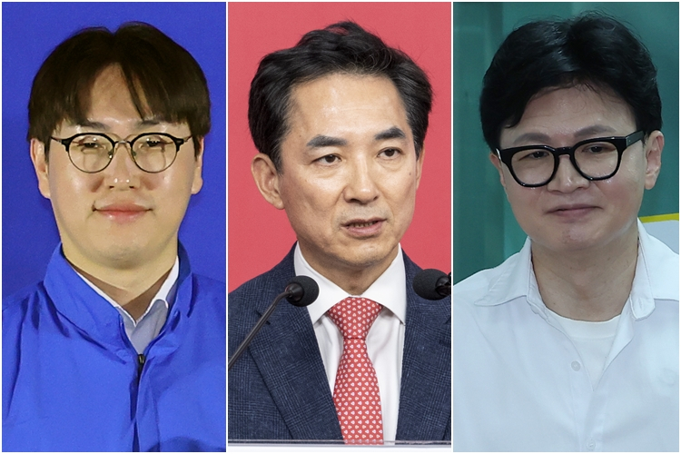 부산 북갑 국회의원 보궐선거에 출마한 하정우(왼쪽부터) 더불어민주당 후보, 박민식 국민의힘 후보, 한동훈 무소속 후보. 연합뉴스