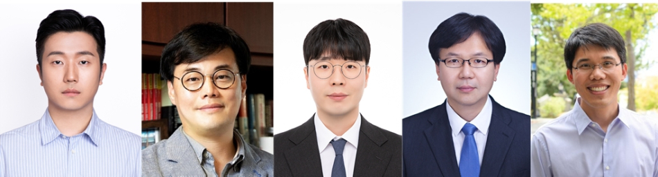 (왼쪽부터)KAIST 조석주 박사, KAIST 박인규 석좌교수, 국립한밭대학교 하지환 교수, 한국기계연구원 정준호 책임연구원, Caltech Wei Gao 교수. KAIST