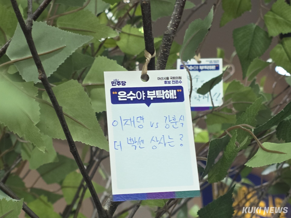 전은수 아산을 더불어민주당 후보가 시민과 간담회에서 마련한 ‘소원트리‘에 질문이 걸려 있다. 김미경 기자