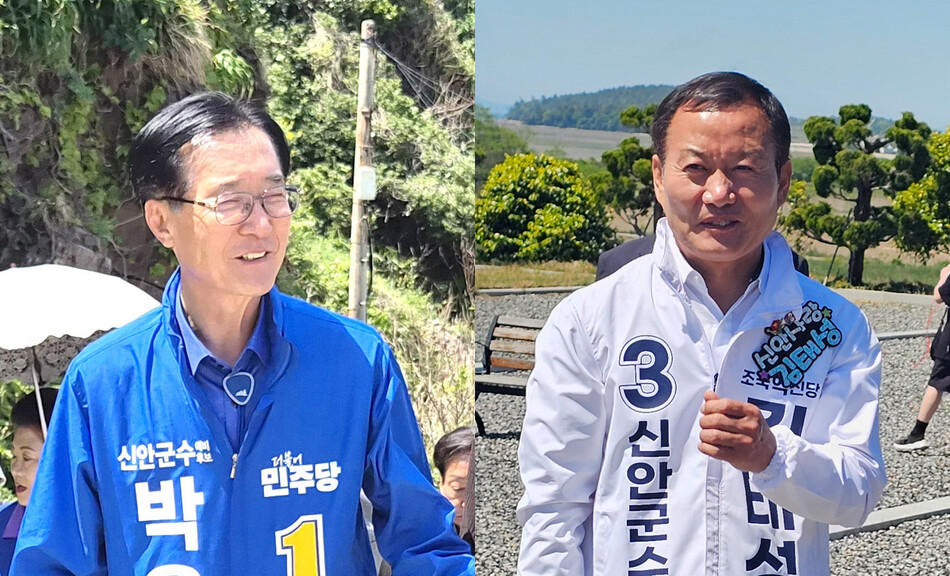 전남 신안군수 더불어민주당 박우량 후보(왼쪽)는 천일염 산업 보호와 ‘기본사회’ 비전을 제시했고, 조국혁신당 김태성 후보(오른쪽)는 농어민 수당 지급을 최우선 과제로 삼으며 민생 행보에 박차를 가하고 있다.