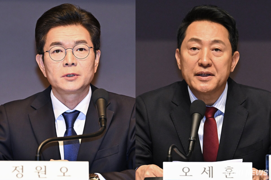 정원오(왼쪽) 더불어민주당 서울시장 후보와 오세훈 국민의힘 서울시장 후보가 20일 오전 서울 중구 한국프레스센터에서 열린 관훈토론회에 각각 참석해 발언하고 있다. 남동균 기자