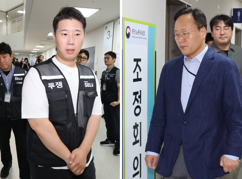 삼성그룹 초기업노동조합 삼성전자지부 최승호 위원장(왼쪽)과 삼성전자 사측 대표교섭위원인 여명구 DS(디바이스솔루션·반도체 사업 담당) 피플팀장이 20일 정부세종청사 중앙노동위원회에서 총파업 예고 시점을 하루 앞두고 열린 3차 사후조정 회의에 각각 들어가고 있다. 연합뉴스