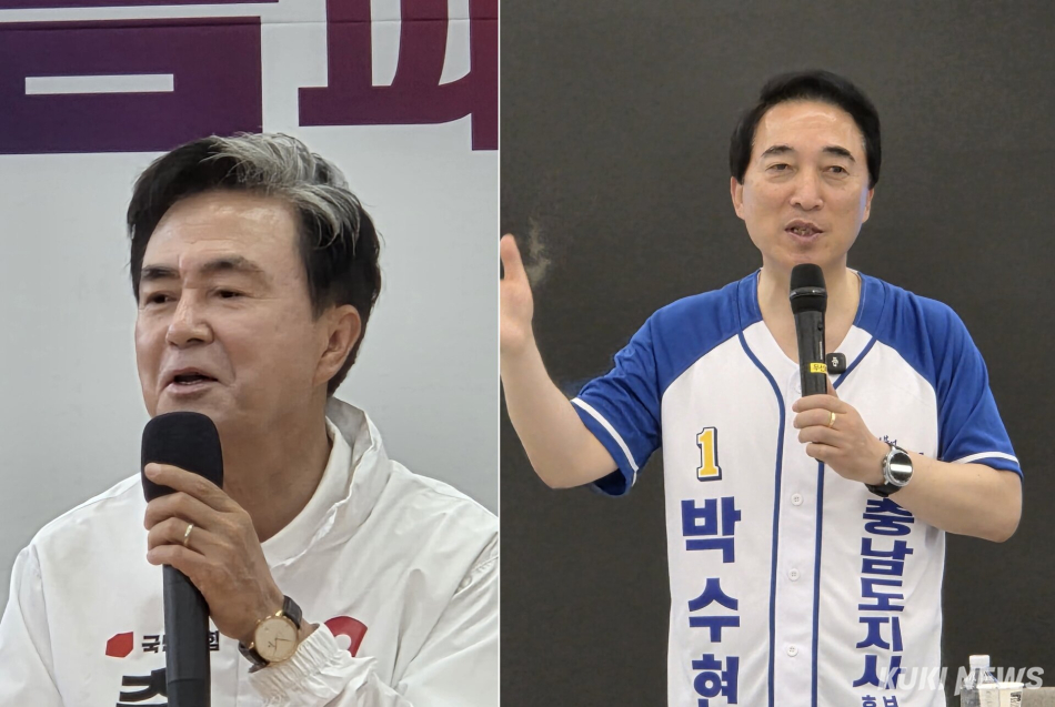 김태흠 국민의힘 충남도지사 후보(왼쪽)와 박수현 더불어민주당 충남도지사 후보의 미디어데이 모습. 사진=홍석원 기자