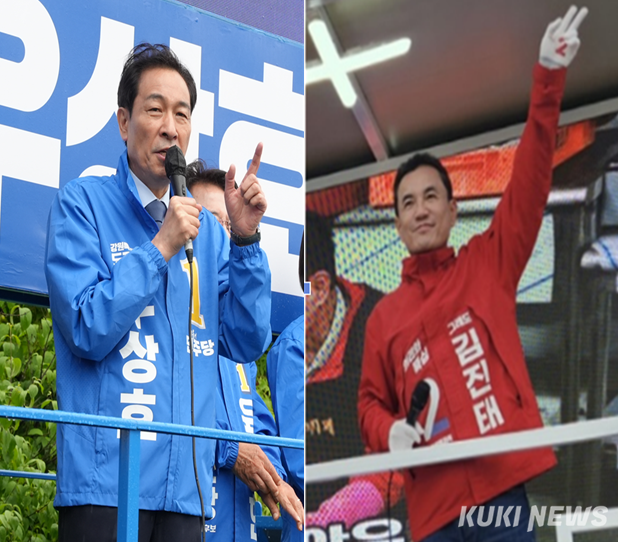 21일 공식 선거운동을 시작한 강원도지사 선거 우상호 후보와 김진태 후보.