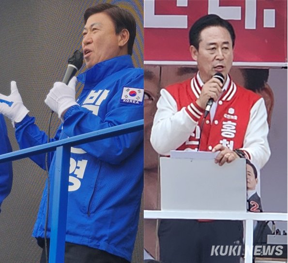 21일 공식 선거운동을 시작한 박승영 홍천군수 후보와 신영재 홍천군수 후보.