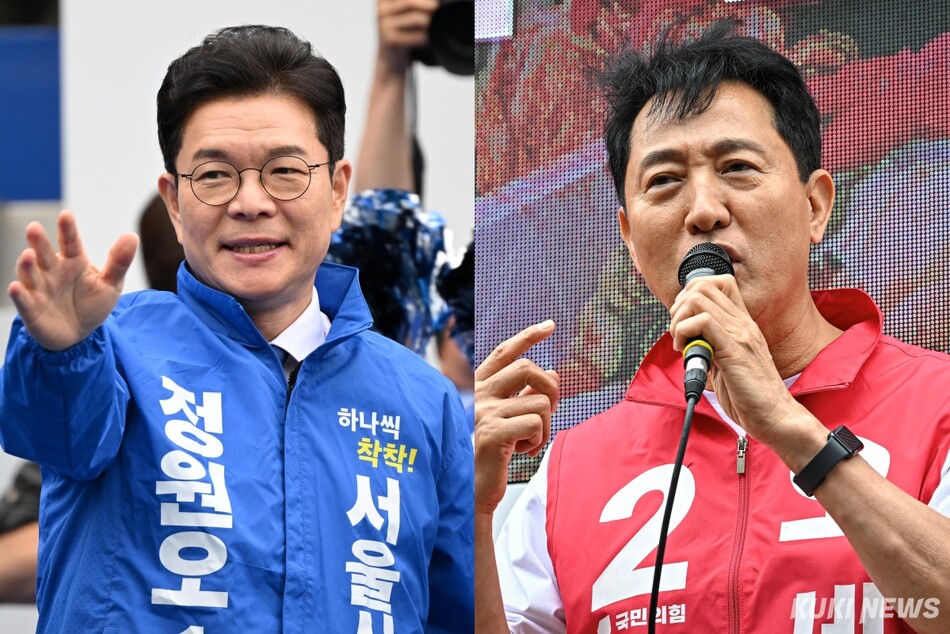 6·3 지방선거 서울시장에 출마하는 정원오 더불어민주당 후보(왼쪽)와 오세훈 후보. 임은재·남동균 기자