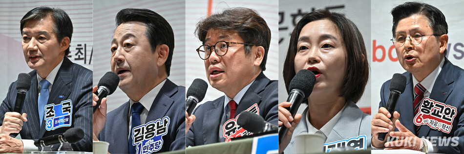 6.3 지방선거 평택을 재선거에 출마한 조국(왼쪽부터) 조국혁신당 후보, 김용남 더불어민주당 후보, 유의동 국민의힘 후보, 김재연 진보당 후보, 황교안 자유와 혁신 후보가 22일 경기 평택시 팽성국제교류센터에서 열린 언론사 주관 후보자 초청토론회에서 발언하고 있다.