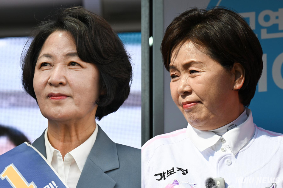 23일 오후 경기 수원시 수원KT위즈파크 앞에서 (사진 왼쪽부터) 추미애 더불어민주당 경기도지사 후보와 양향자 국민의힘 경기도지사 후보가 선거유세를 벌이고 있다. 임은재 기자