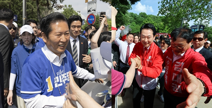 전주에서 지지자 환호받으며 유세장 향하는 정청래 더불어민주당 총괄선대위원장의 모습(왼쪽), 대구 수성못에서 시민들과 인사하고 있는 장동혁 국민의힘 상임선대위원장의 모습(오른쪽). 연합뉴스