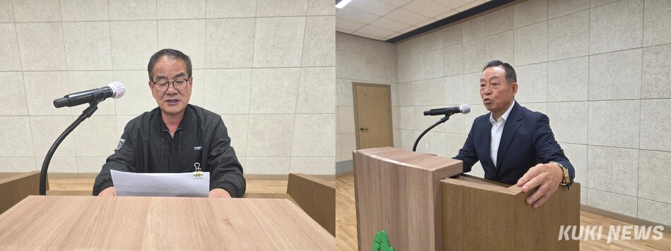 김동구 태백시장 후보의 구내식당 부활 공약과 관련해 우상훈 황지시장상점가상인회장과 이익수 태백시소상공인연합회장이 반대 성명서를 발표하고 있다. 김태식 기자.