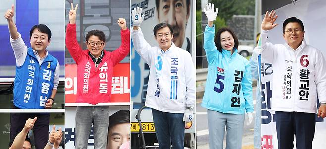 경기 평택을 국회의원 재선거에 출마한 후보들이 지난 21일 경기도 평택시 일대에서 지지를 호소하고 있다. 왼쪽부터 김용남 더불어민주당, 유의동 국민의힘, 조국 조국혁신당, 김재연 진보당, 황교안 자유와혁신당 후보. 연합뉴스