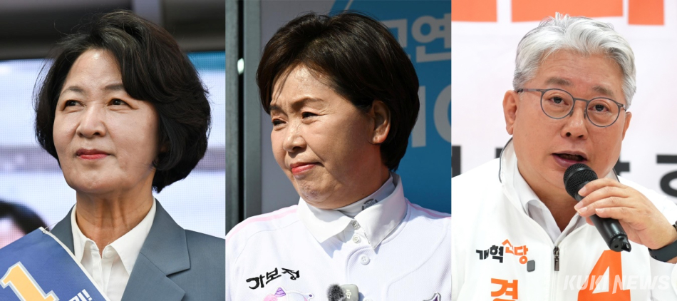 6·3 지방선거 경기도지사 후보에 출마한 (왼쪽부터) 더불어민주당 추미애, 국민의힘 양향자, 개혁신당 조응천 후보. 임은재 기자·연합뉴스