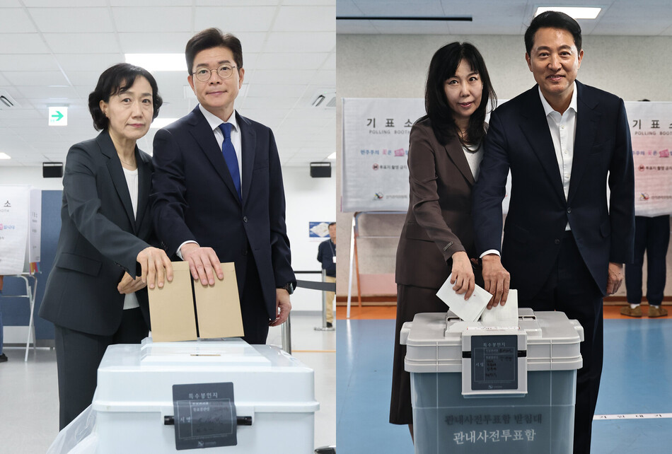 정원오 더불어민주당 서울시장 후보와 문혜정 여사(왼쪽), 오세훈 국민의힘 서울시장 후보와 송현옥 여사가 29일 각각 서울 중구 소공동 행정복합청사와 용산구 한남동 주민센터에 마련된 제9회 전국동시지방선거 사전투표소에서 투표하고 있다.