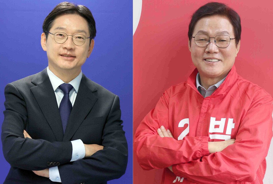 김경수 더불어민주당 경남지사 후보(사진 왼쪽부터)와 박완수 국민의힘 후보(기호순). 연합뉴스