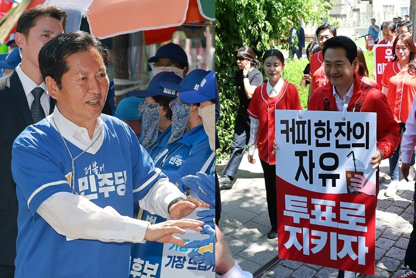 6·3 지방선거를 사흘 앞둔 31일 여야 지도부가 전국 주요 지역을 돌며 막판 표심 잡기에 나섰다. 사진은 정청래 더불어민주당 총괄상임선거대책위원장(왼쪽)과 장동혁 국민의힘 상임선거대책위원장. 연합뉴스