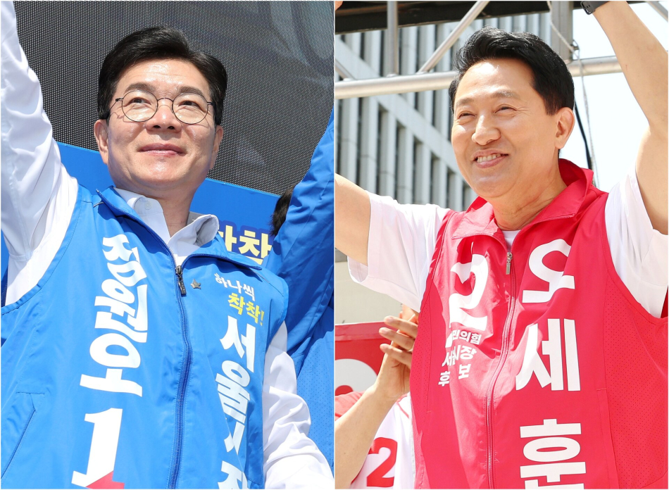 23일 정원오 더불어민주당 서울시장 후보가 서울 서대문구 홍제동 일대에서(사진 왼쪽), 오세훈 국민의힘 서울시장 후보가 강서구 발산역 인근 광장에서(사진 오른쪽) 유세하고 있다. 연합뉴스