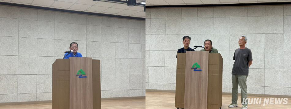 김동구(왼쪽) 더불어민주당 태백시장 후보가 철암 저탄장 의혹과 관련해 기자회견을 하는 가운데 일부 퇴직 광부들이 반박 기자회견을 하고 있다.김태식 기자