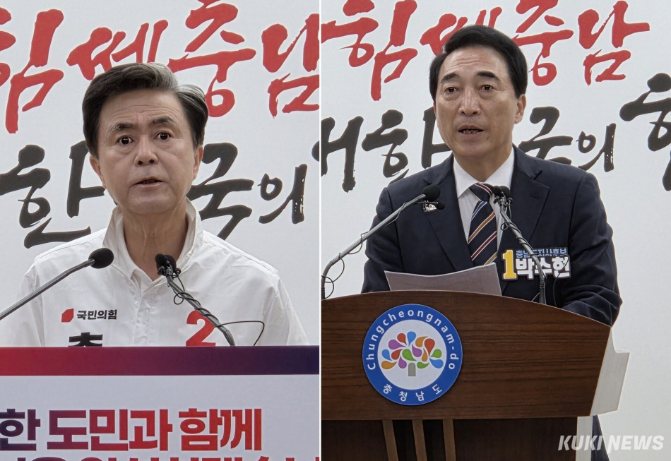 김태흠 국민의힘 후보(왼쪽)와 박수현 더불어민주당 후보가 2일 충남도청 프레스센터에서 잇따라 기자회견을 갖고 막판 지지를 호소했다. 사진=홍석원 기자