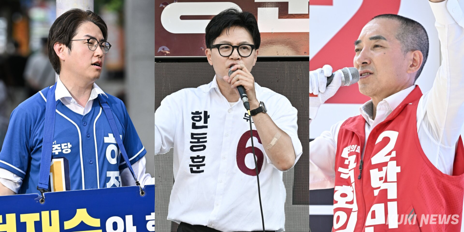 부산 북갑 재보궐선거에 출마한 하정우 더불어민주당 후보, 한동훈 무소속 후보, 박민식 국민의힘 후보. 남동균 기자