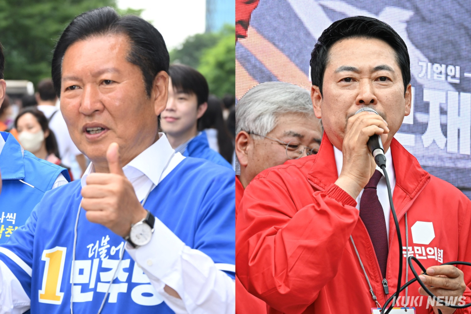 정청래 더불어민주당 대표(왼쪽)와 장동혁 국민의힘 대표가 유권자들을 향해 지지를 호소하고 있다. 쿠키뉴스 자료사진