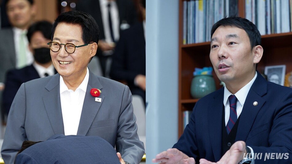 왼쪽부터 박지원·김용민 더불어민주당 의원. 쿠키뉴스 자료사진