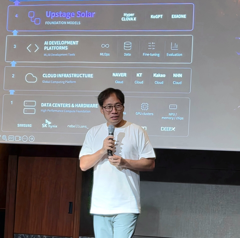 16일 서울 여의도 콘래드 호텔에서 열린 업스테이지 미디어 데이에서 김성훈 업스테이지 대표가 기자들에게 향후 계획에 대해 설명하고 있다. 이혜민 기자