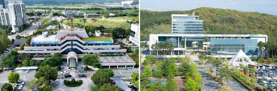 아산시청(왼쪽)과 천안시청 전경.