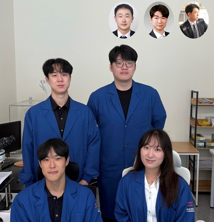 (뒷줄 좌측부터)KAIST 한용환 석사과정, 강동길 박사과정, (앞줄 좌측부터) KAIST 윤빈 석사과정, 김수현 석사과정, (우상 동그라미 왼쪽부터) KAIST 김상현 교수, KAIST 이신형 박사과정, 김인기 박사과정. KAIST