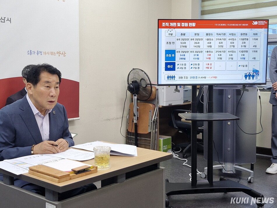 나동연 양산시장이 24일 브리핑을 통해 민선9기 조직 개편을 설명하고 있다. 신정윤 기자
