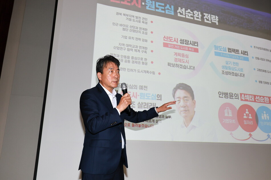 안병윤 예천군수 당선인이 정책 토크콘서트에서 신도시오 원도심 선순환 방안에 대해 설명하고 있다. 에천발전준비위원회 제공