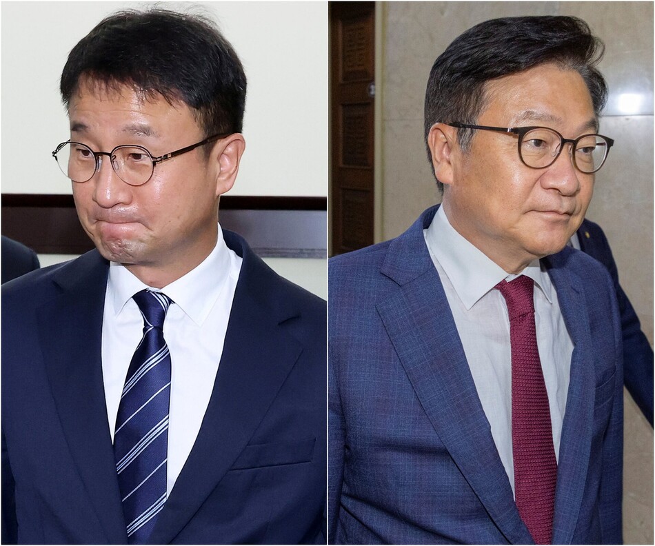 여야 원내대표단은 26일 원 구성 협상에서도 의견 차이만 다시 확인했다. 이날 오후 국회의장에게 원 구성 신속 요청을 마친 한병도 더불어민주당 원내대표(사진 왼쪽)와, 여야 원내대표단 회담 후 이동하는 정점식 국민의힘 원내대표(사진 오른쪽). 연합뉴스