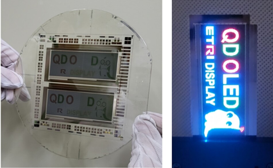 ETRI 단일 기판 적층형 QD-OLED 디스플레이 패널 사진. ETRI