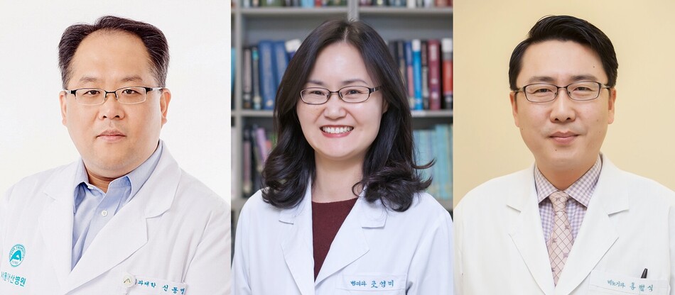 (사진 왼쪽부터)신동명 서울아산병원 세포유전공학교실 교수와 조영미 병리과 교수, 홍범식 비뇨의학과 교수. 서울아산병원 제공