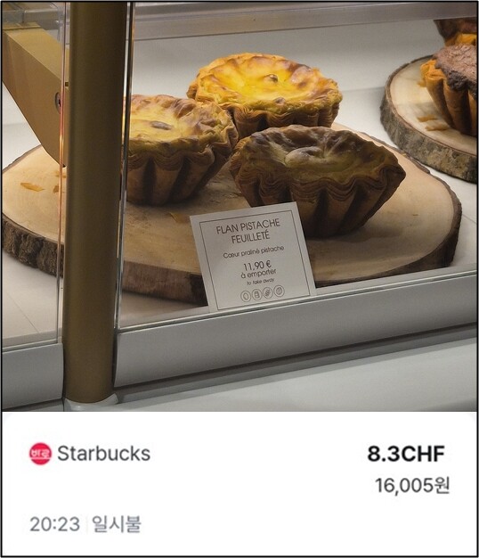 유럽 현지의 한 베이커리에 진열된 디저트 메뉴. 타르트 한 조각 가격이 11.90유로로, 고환율을 적용하면 가벼운 디저트 하나에 우리 돈 2만원이 훌쩍 넘어간다. 스타벅스 벤티 사이즈 아메리카노도 16000원에 달한다. 최은희 기자