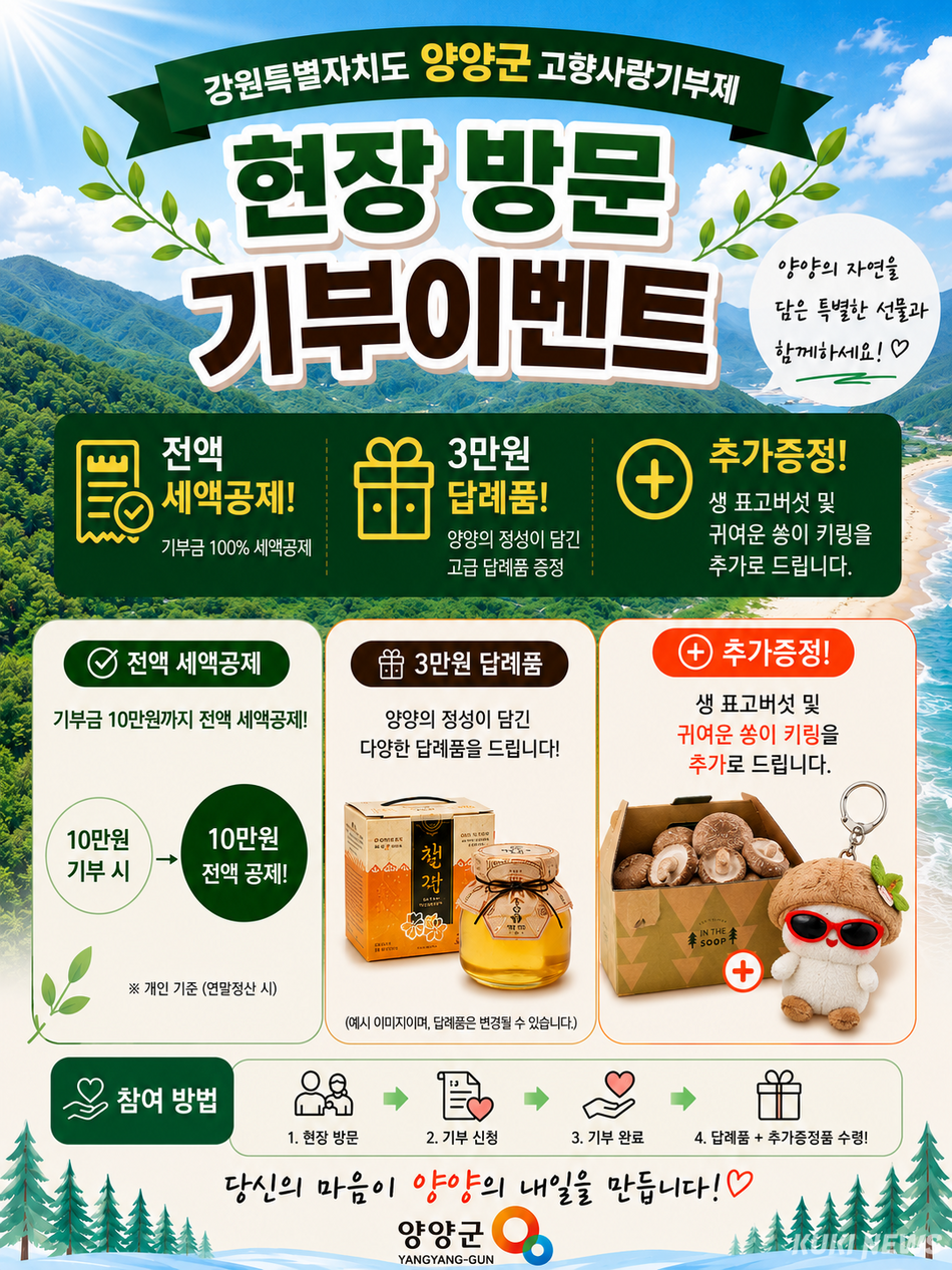 양양군이 고향사랑기부제 참여 분위기를 확산하기 위해 귀여운 군 고향사랑기부제 캐릭터 ‘쏭이’를 활용한 홍보에 박차를 가하고 있는 가운데, 대면 마케팅을 위한 이색적인 현장 이벤트까지 선보인다. 양양군 고향사랑기부제 방문 이벤트 홍보 포스터. 양양군 제공