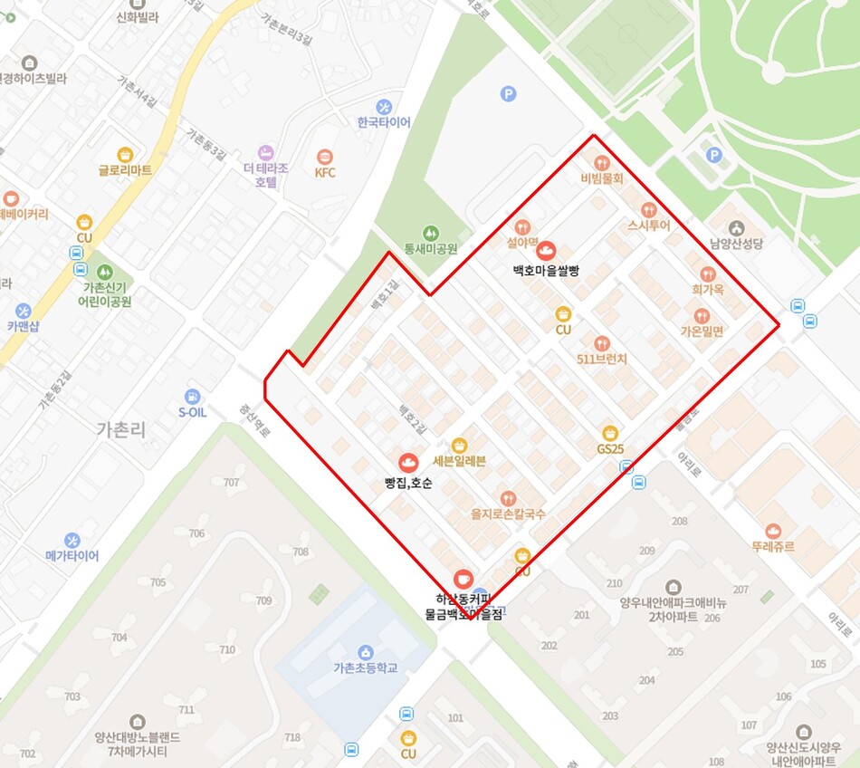 양산시 물금읍 백호마을 상점가 구역도. 양산시 제공