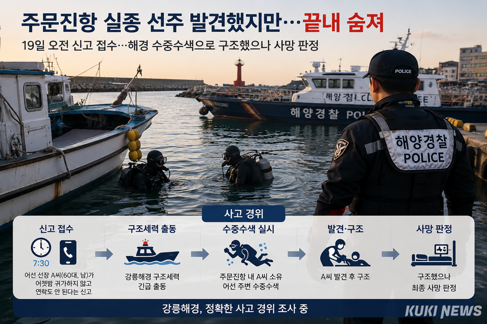 19일 강릉 주문진항에서 실종 신고된 60대 선주가 해경 수중수색 끝에 발견됐으나 최종 사망 판정을 받았다. Chat GPT가 생성한 인포그래픽