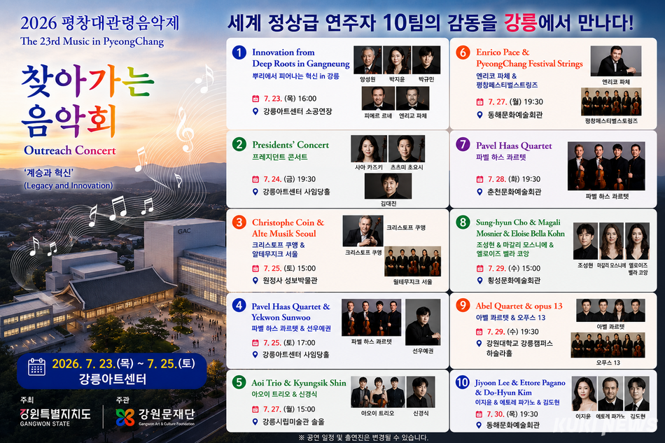 2026 평창대관령음악제 예술감독 양성원을 비롯한 국내외 정상급 연주자들이 23일부터 25일까지 3일간 강릉아트센터에서 무대에 오른다. Chat GPT 생성 인포그래픽