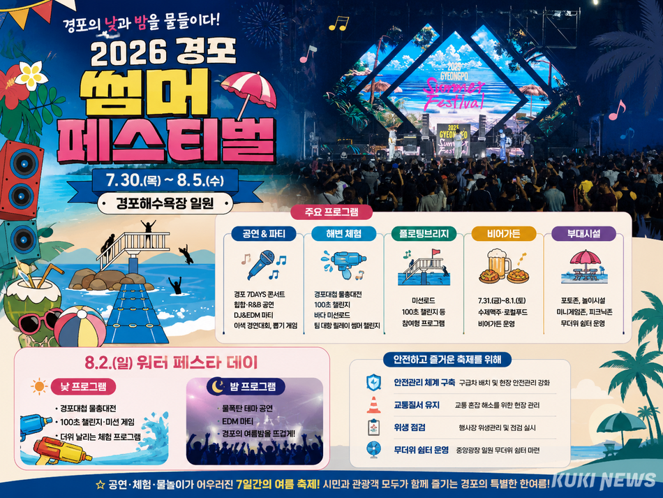 강릉시가 오는 30일부터 8월 5일까지 경포해변 일원에서 ‘2026 경포 썸머 페스티벌‘을 개최한다. Chat GPT 생성 인포그래픽
