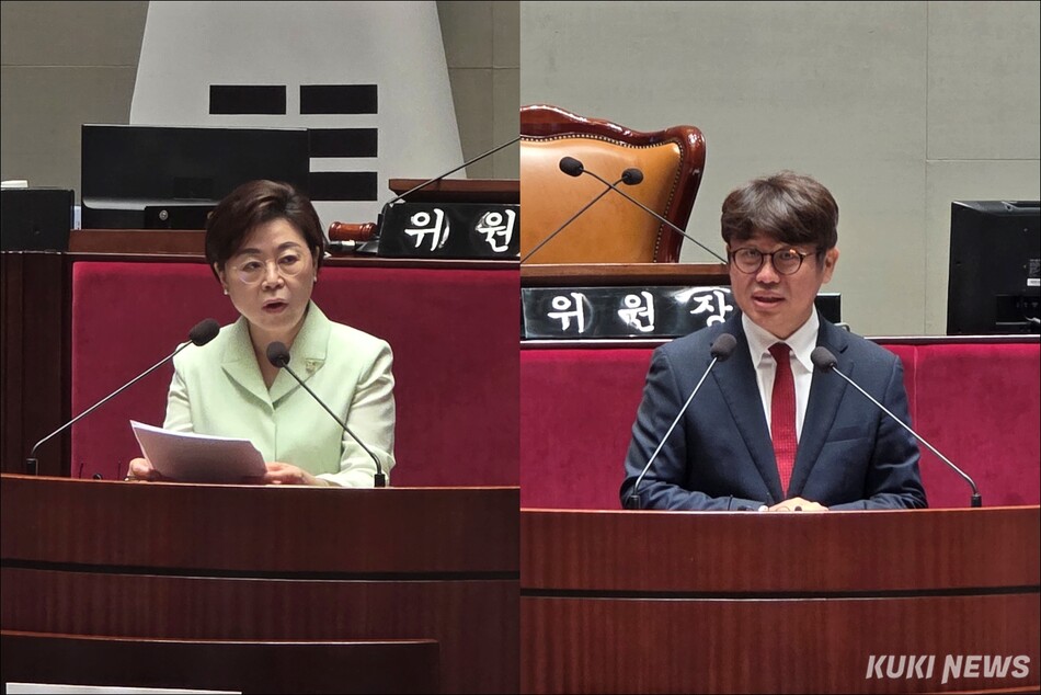 제22대 후반기 국회 국토위원장 후보에 나선 국민의힘 3선 김정재(왼쪽)·4선 유의동 의원이 정견발표를 하고 있다. 김건주 기자