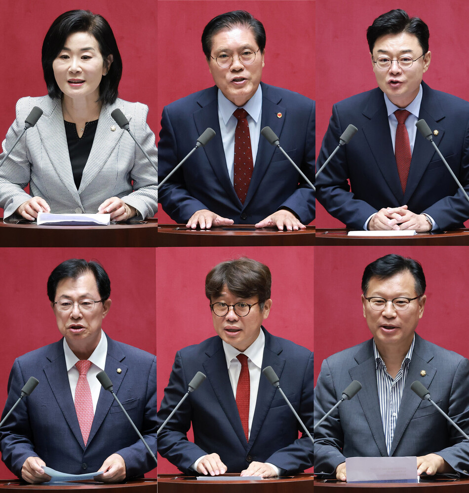 23일 국회에서 열린 7월 임시국회 제2차 본회의에서 선출된 국민의힘 소속 국회 6개 상임위원장. 윗줄 왼쪽부터 김희정 교육위원장, 송석준 외교통일위원장, 김성원 산업통상자원중소벤처기업위원장, 아랫줄 왼쪽부터 이만희 보건복지위원장, 유의동 국토교통위원장, 이양수 정보위원장. 연합뉴스