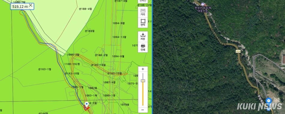 양산시 천성산 무지개폭포 도시계획도로 개설 예정지. 토지이음 캡쳐