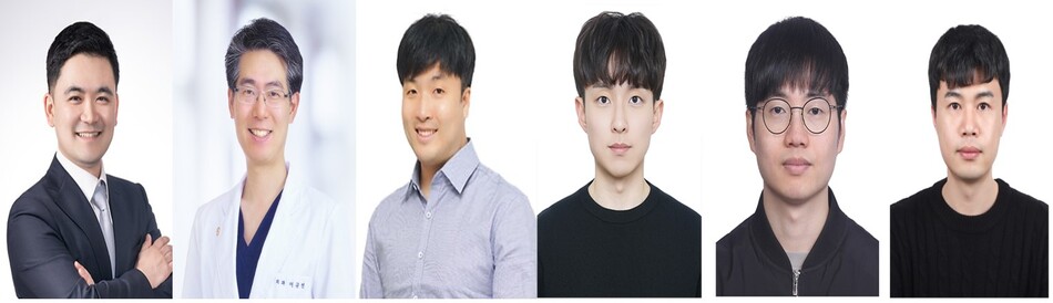 (사진 왼쪽부터) 이철환 서울의대 약리학교실 교수, 이규언 서울대병원 유방내분비외과 교수, 류제경 서울대 물리천문학부 교수, 김한별, 김도균, 하성윤 학생. 서울대학교병원 제공
