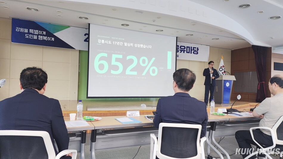 강릉시가 23일 강원도청에서 열린 ‘2026년 강원특별자치도 민원 우수사례 공유마당‘에서 농업기계 임대방식 개선 사례인 ‘우리두레‘ 사용제 도입 사례를 발표하고 있다. 강릉시 제공