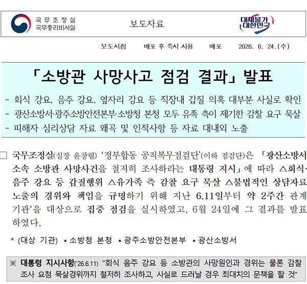 전남광주통합특별시 소방본부가 광산소방서 소속 여성 소방관 사망사고와 관련해 규정 위반이 확인된 공직자들에 대한 징계 절차를 마무리했다. 징계 대상 15명 가운데 12명은 중징계, 3명은 경징계를 받았으며, 최고 수위인 파면 처분도 2명에게 내려졌다. 6월 24일자 국무조정실 보도자료 이미지.